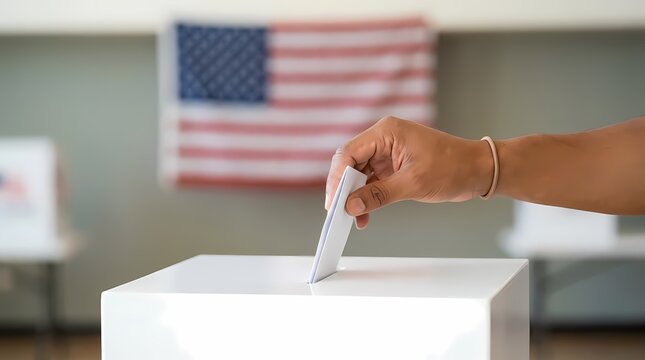 Hand placing ballot into voting box with American flag
