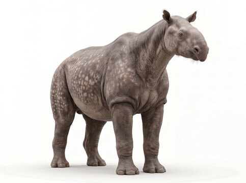 Paraceratherium transouralicum semi-frontal neutral pose, giant prehistoric rhinoceros standing calmly at a three-quarter angle on white background