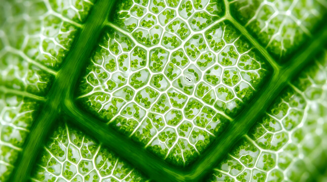 Microscopic view of green plant leaf cellular structure with chloroplasts and stomata