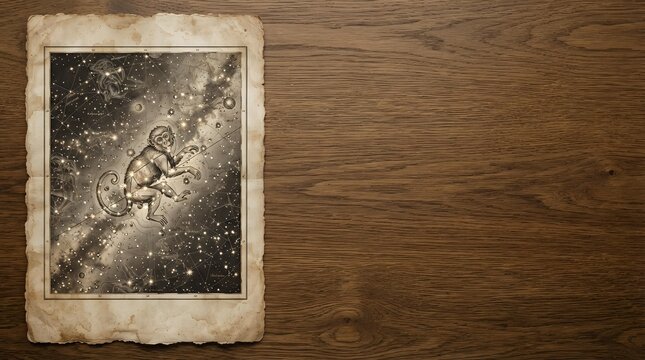 Vintage astronaut photograph on aged paper with starfield background, positioned on wooden surface for retro space exploration and nostalgia themes.