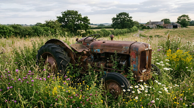 Rusty abandoned tractor in rural field of wildflowers.