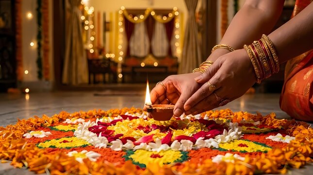 Hand placing diya lamp on colorful floral rangoli pattern