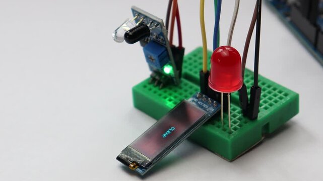 Infrared sensor module activates an led and displays alert messages on OLED display in breadboard circuit