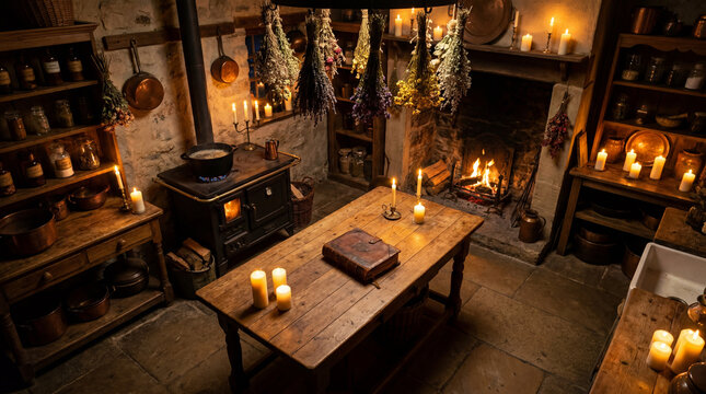 Cozy rustic witch kitchen interior lit by candles and a fireplace with hanging herbs and a wooden table