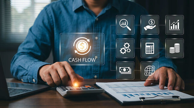 Businessman analyzing corporate cash flow and financial management icons