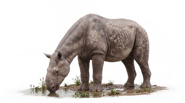 Paraceratherium transouralicum adult drinking water, giant prehistoric rhinoceros lowering its long neck toward a water source in a natural hydration pose on white background