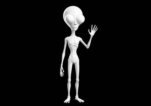 Friendly white alien waving hand in dark space