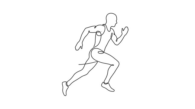 Male runner sprinting forward is captured in a minimalist continuous line art illustration.