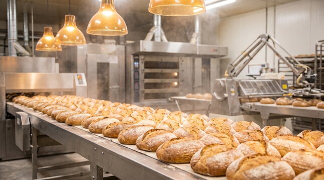 Fresh bread loaves moving on a factory conveyor belt