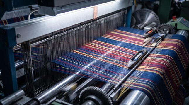 Industrial textile loom weaving colorful plaid fabric