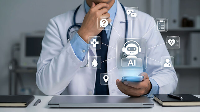 Doctor using AI chatbot medical assistant technology on smartphone for health