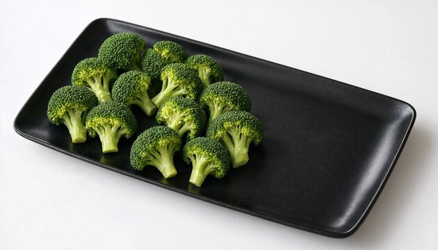 Fresh green broccoli florets arranged neatly on a dark rectangular ceramic serving plate
