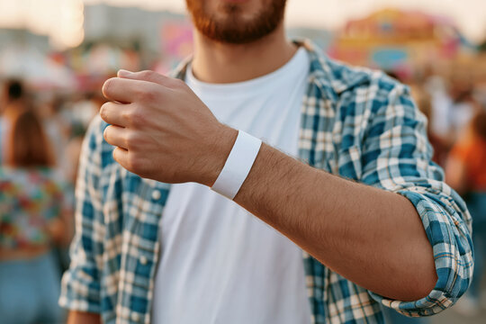 Man at an outdoor festival event wearing a blank white wristband mockup