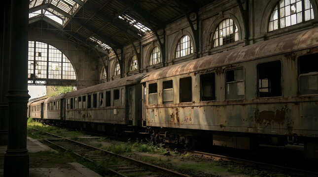 Rusty vintage train carriages inside derelict station