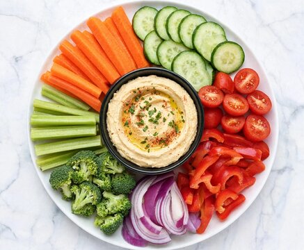 Fresh vegetable platter with various sliced vegetables surrounding a central bowl of creamy hummus dip