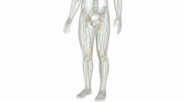 Detailed 3D illustration of the human lymphatic system and skeletal structure in the lower body, highlighting vessels, nodes, legs, and pelvis for anatomical study