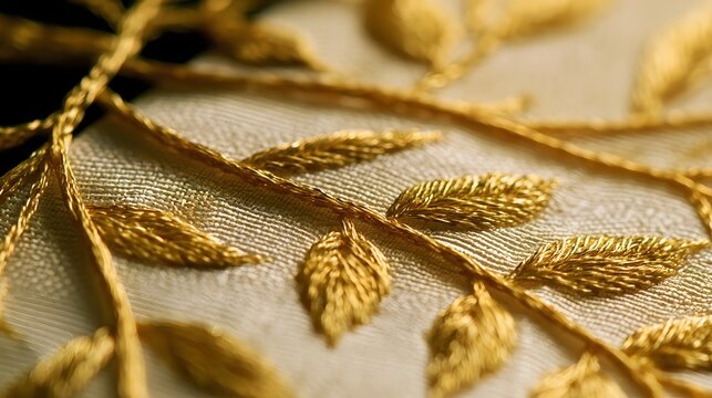 Close up of golden embroidered leaves on textured fabric under warm lighting highlighting intricate craftsmanship details
