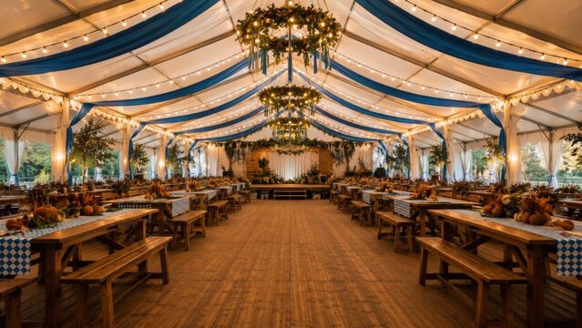 Bavarian Festival Tent Decorated with Blue and White Ribbons