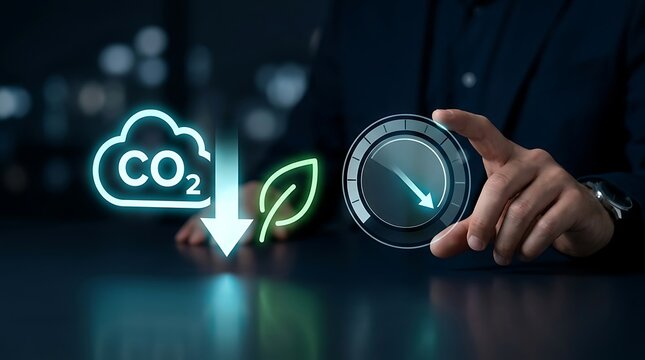 A business person interacting with a futuristic holographic display showing carbon dioxide reduction and environmental sustainability goals for a greener corporate future