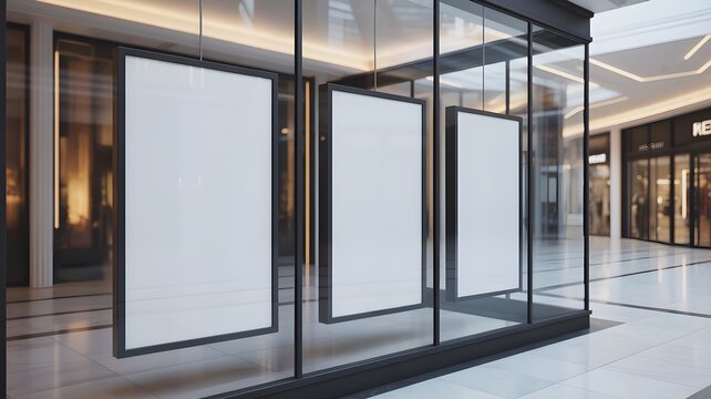 Three blank vertical advertising posters hanging in a modern shopping mall glass storefront