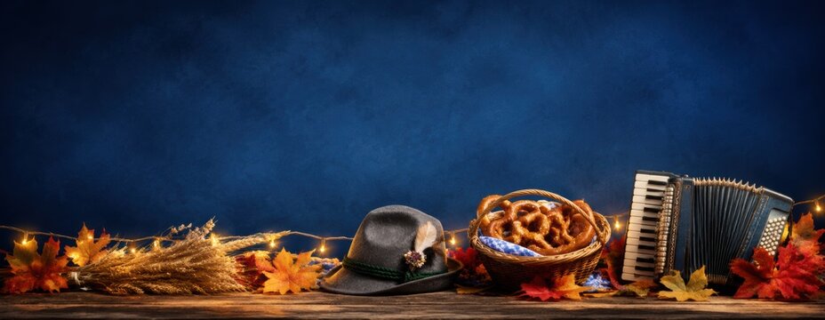 Panoramic Bavarian Autumn Festival Background with Pretzels