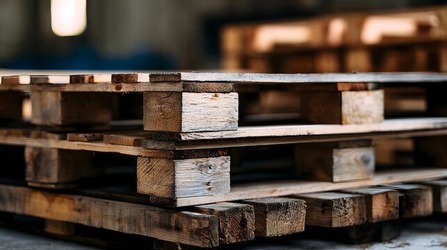 Stacked wooden pallets showing weathered texture and sturdy construction in a warehouse setting