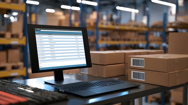 Warehouse workstation showing parcel tracking software on a computer monitor surrounded by stacked cardboard boxes
