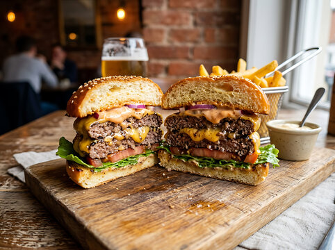 A delicious double cheeseburger cut in half served with french fries on a wooden board.