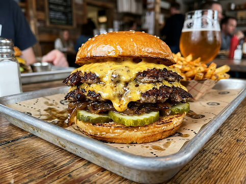 A delicious double cheeseburger with pickles and caramelized onions served on a metal tray.