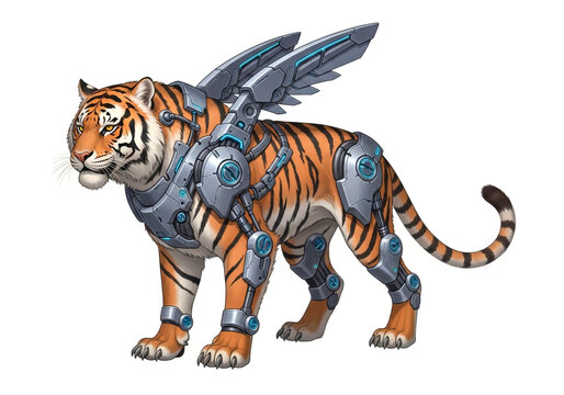 Cyborg tiger with wings and mechanical armor