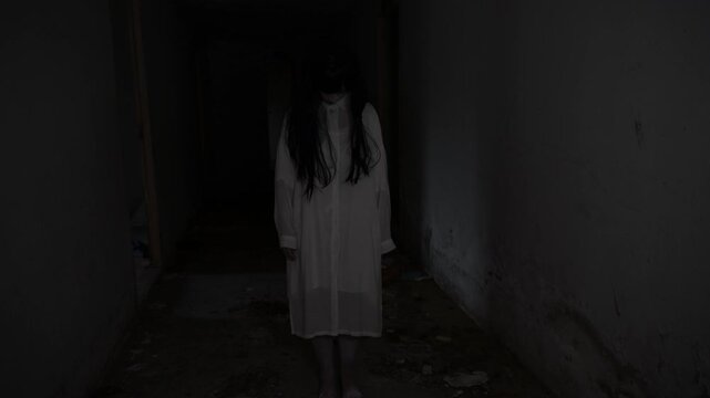 Ghostly woman in white stands in a dark abandoned corridor. Concept of horror, fear, supernatural mystery, haunted place, nightmare, paranormal activity, and scary atmosphere.