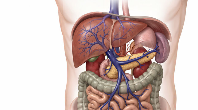 Detailed Anatomical Illustration of Human Internal Organs Featuring the Digestive and Vascular Systems for Medical Education and Healthcare Studies