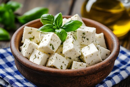Fresh feta cheese cubes with herbs and basil leaves in a rustic clay bowl