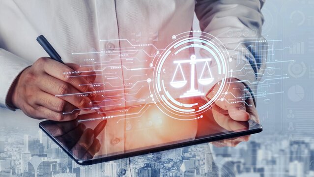 Business professional analyzing digital justice scales on tablet with glowing technology graphics in modern urban setting while taking notes Sigmoid