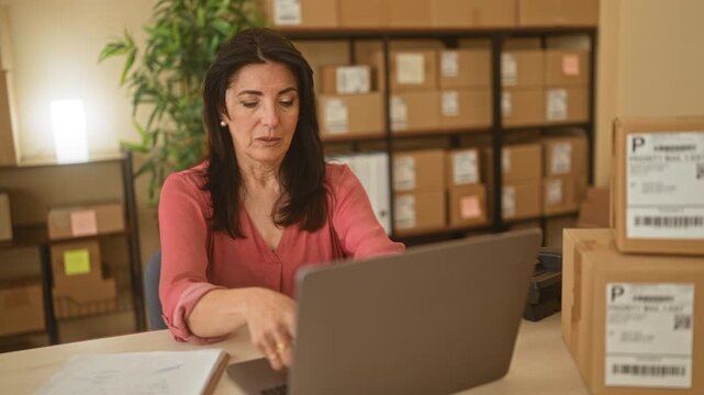 Woman rubbing eyes with hands while seated at laptop amid stacked shipping boxes and parcels in a packing building; stress resilience.