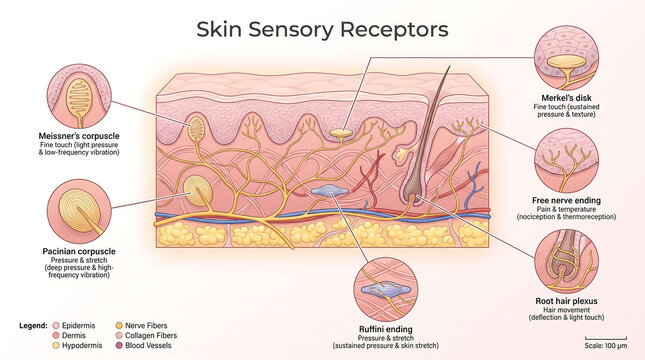 Educational diagram of skin sensory receptors includes meissner corpuscle and pacinian corpuscle for anatomical study of human touch sensation and dermis physiology.