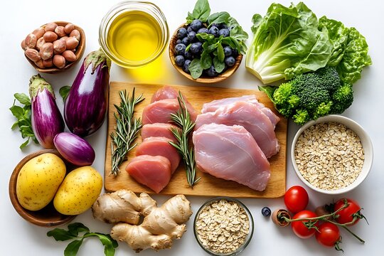 Healthy food ingredients including raw chicken, vegetables, nuts, and oats isolated on white background