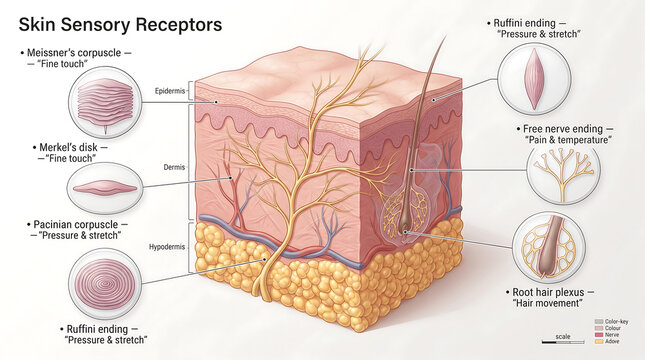 Detailed skin layers diagram displays epidermal and dermal structures with sensory receptors for medical professionals studying human touch mechanisms and nerve pathways.