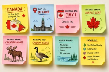 Naklejka premium Canada Country Facts and National Symbols Illustrated on Colorful Sticky Notes