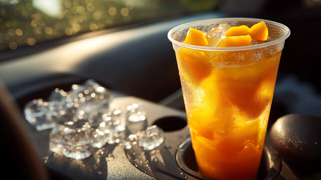 Iced Mango Drink in Car Cup Holder