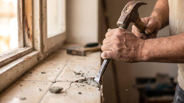 Worker using hammer and chisel to remove old tile from window sill during renovation process with renovation construction maintenance carpentry building restoration
