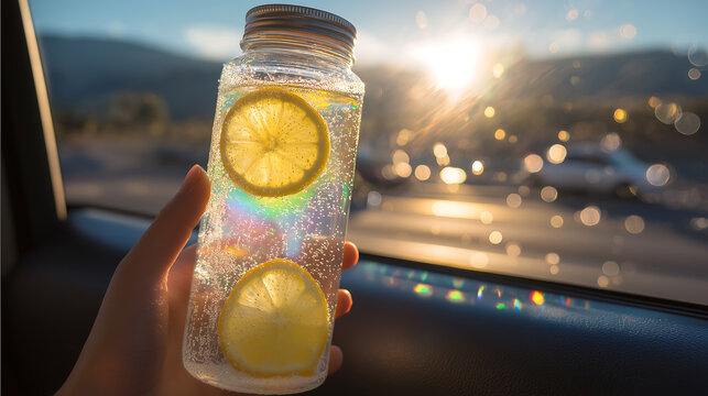 Hand Holding Lemon Infused Water Jar by Car Window at Sunset