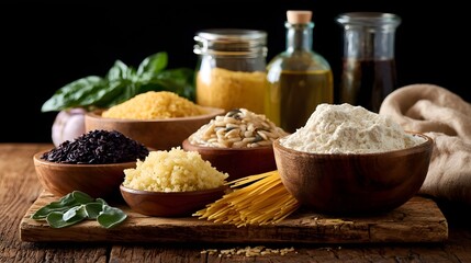 Fototapeta premium A rustic wooden board displays bowls of diverse whole grains pasta and fresh herbs against a dark background