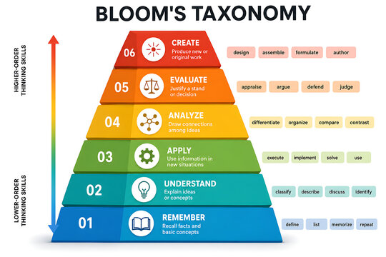 Educational blooms taxonomy diagram showing six levels of cognitive learning with taxonomy education learning cognitive thinking pedagogy curriculum development