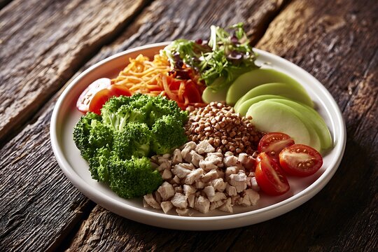 Healthy bowl with steamed broccoli, diced chicken breast, buckwheat, sliced green apples, and cherry tomatoes on a rustic wooden table