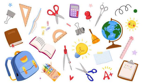 Set of children's school supplies. Collection of stationery for students. Educational flat vector illustration.