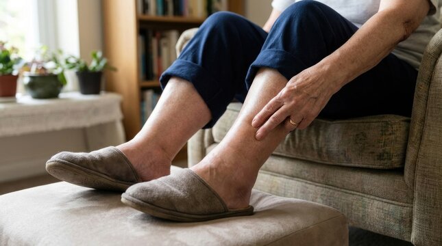 Senior body concern: swelling leg, fluid retention, skin pressure, circulatory issue, painful symptom, edema touch, domestic care, health problem, ankle bloating.