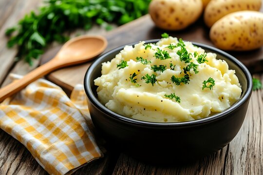 Bowl of creamy mashed potatoes garnished with fresh parsley on a rustic wooden table with potatoes and a wooden spoon