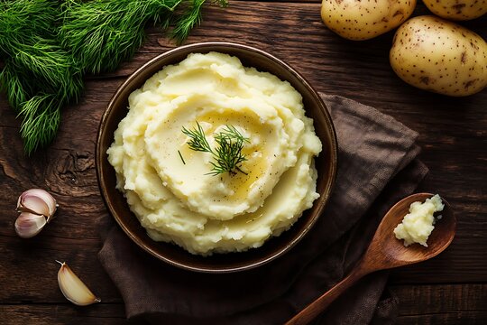Bowl of creamy mashed potatoes with a pool of melted butter and fresh dill on a dark wooden background with garlic