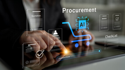 Obraz premium Professional using a tablet to manage procurement processes with AI technology. Digital documents such as quotations and invoices are displayed in a modern business environment. Cyphers